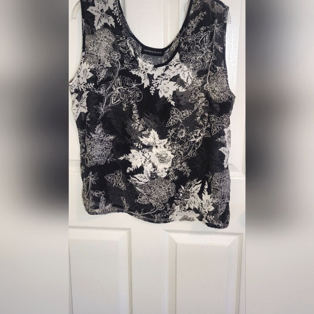 Impressions XL Black White Sheer Floral Print Women's Tank